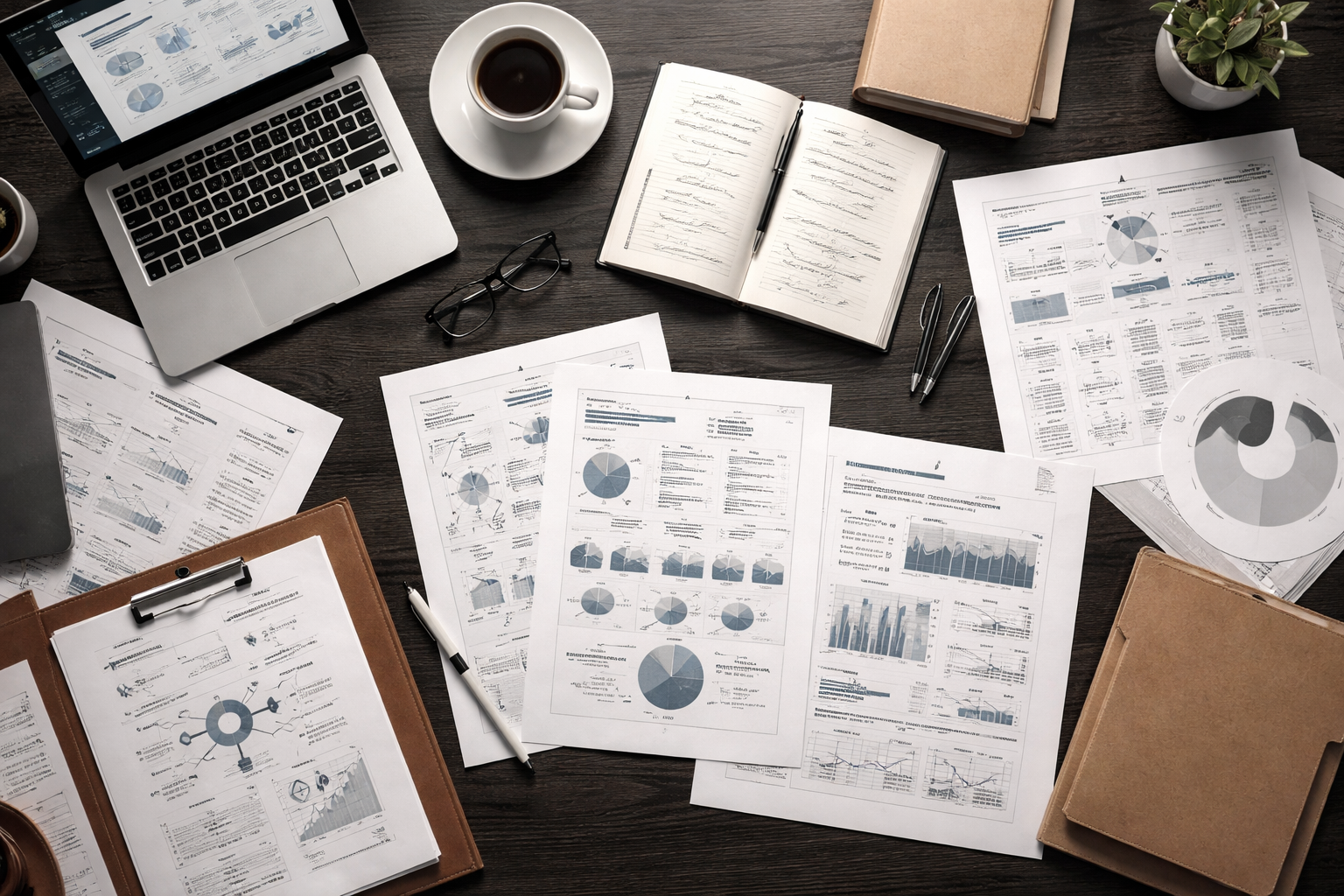 Documentos de análisis de negocio y datos en mesa de trabajo